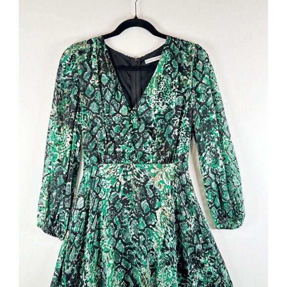 Alice Olivia Dress Green Rita Silk Mini Fit Flare Snakeskin V Neck A Line Size 4 - Picture 8 of 13